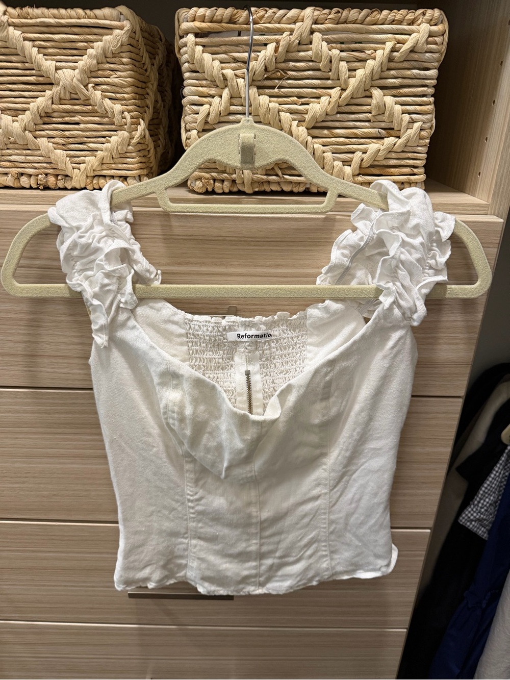 Reformation White Ruffle-Strap Linen Blend Top